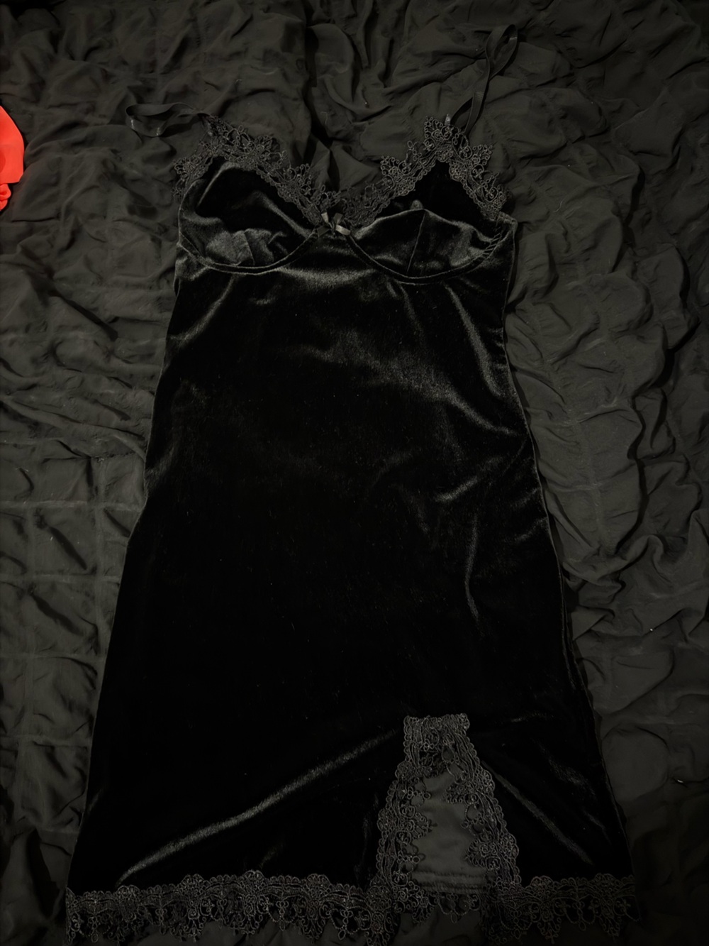 Elegant Black Velvet Lace-Trim Slip Dress